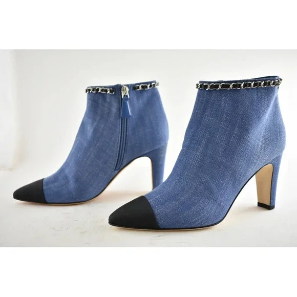 Chanel 20C Blue Denim Fabric Black Chain CC Logo Short Ankle Heel Boot Bootie 38 - Picture 9 of 12